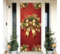 Saoplasa Christmas Door Cover Red Gold Bow Banner 71 x 35 Inch Wrap Backdrop with Ornaments Holly Leaves and Snowflakes for Christmas Party Wall Hanging Front Door Winter Decoration