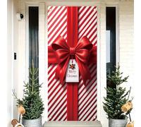 Saoplasa Christmas Door Cover Red Ribbon Banner 71 x 35 Inch Candy Stripe Gift Wrap Backdrop with Merry Christmas Tag Holiday Present Decoration for Front Door Wall Hanging Winter Party Photo Prop