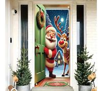 Saoplasa Christmas Door Cover Santa and Reindeer Banner 71 x 35 Inch Cartoon Holiday Backdrop with Green Door Snow Background for Christmas Party Decoration Front Door Wall Hanging Winter Photo Prop