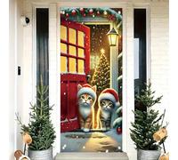 Saoplasa Christmas Door Cover with Cats 71 x 35 Inch Red Door Holiday Banner Featuring Kittens in Santa Hats and Christmas Tree Winter Snow Scene Xmas Party Backdrop Wall Decoration