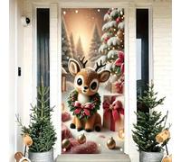 Saoplasa Christmas Reindeer Door Cover Decoration 71 x 35 Inch Cute Cartoon Deer Banner with Wreath Gift Box and Snowy Background for Winter Holiday Party Backdrop Kids Xmas Photo Decor