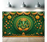 Saoplasa Ganesh Backdrop Banner Hindu Festival Decoration Lord Ganesha Photography Background Indian Temple Mandap Decorations Green Yellow Floral Stage Party Supplies Religious Celebration 71x43 Inch