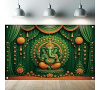 Saoplasa Ganesh Festival Backdrop Banner Green and Yellow Floral Ganesha Mandap Photography Background Hindu Religious Decoration for Ganpati Celebration Event Party Props 71x43 Inch