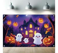 Saoplasa Halloween Backdrop 71 x 43 Inch Cute Ghost Pumpkin Haunted House Scene Spooky Photography Background for Kids Halloween Party Decorations Outdoor Indoor Trick or Treat Photo Booth Banner