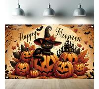 Saoplasa Halloween Backdrop 71 x 43 Inch Happy Halloween Banner Black Cat Pumpkin Castle Leaves Bat Design Photography Background Party Decorations for Indoor Photo Booth Fall Outdoor Wall Banner