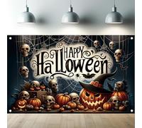Saoplasa Halloween Backdrop Happy Halloween Banner Pumpkin Skull Witch Hat Spider Web Design Photography Background Holiday Wall Decoration for Party Indoor Outdoor Photo Booth Supplies 71x43 Inch