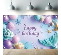 Saoplasa Mermaid Birthday Banner Backdrop 71 x 43 Inch Under The Sea Shell Starfish Balloon Tail Photography Background for Girls Kids Birthday Party Decorations Purple Blue Pastel Backdrop