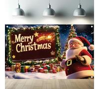 Saoplasa Merry Christmas Backdrop 71x43 Inch Cartoon Santa Claus Photography Background Xmas Tree Gift Wall Decor Snow Scene Lighted Holiday Photo Banner for Kids Party Indoor Outdoor