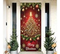 Saoplasa Merry Christmas Door Cover Banner 71 x 35 Inch Red Gold Christmas Tree Backdrop with Swirl Ornaments and Snowflakes for Holiday Party Decoration Wall Hanging Welcome Sign
