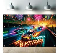 Saoplasa Race Car Racing Happy Birthday Backdrop Banner Neon Cars Photography Background Racing Party Decorations Photo Booth Supplies 71x43 Inch