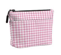 SAPEYKR Checkered Velvet Makeup Bag, Multi-Purpose Cosmetic Bags with Front Pocket, Travel Toiletry Bag for Girls, Pastel Pink, 10 x 7.2 inches
