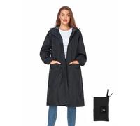 SaphiRose Women's Long Rain Jacket Waterproof Lightweight Hooded Raincoat Packable Knee Length Rain coat, Black, M