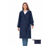 SaphiRose Women's Long Rain Jacket Waterproof Lightweight Hooded Raincoat Packable Knee Length Rain coat, Navy, Medium