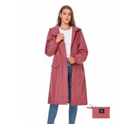 SaphiRose Women's Long Rain Jacket Waterproof Lightweight Hooded Raincoat Packable Knee Length Rain coat, Pink, M