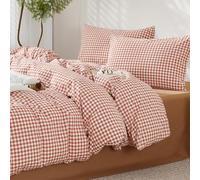 SAPHREAS Brick Red Gingham Duvet Cover Set 100% Washed Cotton King Size 3Pcs Check Modern Grid Bedding Soft Plaid 1 Yarn-dyed Duvet Quilt Cover with Zipper 2 Pillowcases, Duvet Insert Not Included