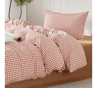 SAPHREAS Brick Red Gingham Duvet Cover Set 100% Washed Cotton Single Size 2Pcs Check Modern Grid Bedding Soft Plaid 1 Yarn-dyed Duvet Quilt Cover with Zipper 1 Pillowcase, Duvet Insert Not Included