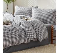 SAPHREAS Grey Gingham Duvet Cover Set 100% Washed Cotton King Size 3Pcs Check Modern Grid Bedding Soft Plaid 1 Yarn-dyed Duvet Quilt Cover with Zipper 2 Pillowcases, Duvet Insert Not Included