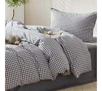 SAPHREAS Grey Gingham Duvet Cover Set 100% Washed Cotton Single Size 2Pcs Check Modern Grid Bedding Soft Plaid 1 Yarn-dyed Duvet Quilt Cover with Zipper 1 Pillowcase, Duvet Insert Not Included