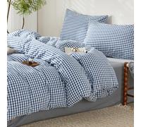 SAPHREAS Navy Gingham Duvet Cover Set 100% Washed Cotton Super King Size 3Pcs Check Modern Grid Bedding Soft Plaid 1 Yarn-dyed Duvet Quilt Cover with Zipper 2 Pillowcases, Duvet Insert Not Included