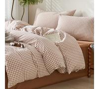 SAPHREAS Taupe Gingham Duvet Cover Set 100% Washed Cotton Double Size 3Pcs Check Modern Grid Bedding Soft Plaid 1 Yarn-dyed Duvet Quilt Cover with Zipper 2 Pillowcases, Duvet Insert Not Included