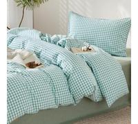SAPHREAS Teal Gingham Duvet Cover Set 100% Washed Cotton Single Size 2Pcs Check Modern Grid Bedding Soft Plaid 1 Yarn-dyed Duvet Quilt Cover with Zipper 1 Pillowcase, Duvet Insert Not Included
