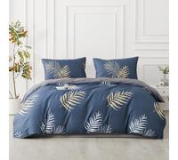 SAPHREAS Tropical Navy Blue Leaf Duvet Cover Set 100% Cotton Double Size, Botanical Monstera Leaf Pattern Bedding Comforter Cover Set with Zipper Closure, 1 Duvet Cover 2 Pillow Shams, No Comforter