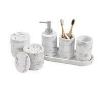 Sapisecret Bathroom Set 6-Piece Soap Dispenser + Toothbrush Cup with Tray and Cotton Bud Box Striped Pattern High-Quality Polyresin White Marble Look Shatterproof and Waterproof