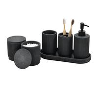 Sapisecret Bathroom Set 6-Piece Soap Dispenser + Toothbrush Cup with Tray and Cotton Bud Box Striped Pattern High-Quality Poly Resin Matt Black Shatterproof and Waterproof