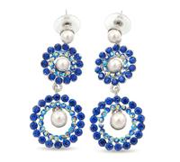 Sapphire Blue/AB Austrian Crystal Faux Pearl Double Hoop Drop Earrings/Rhodium Plating/ 55mm L