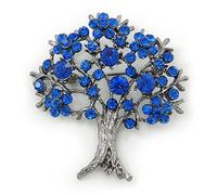 Sapphire Blue Coloured Crystal 'Tree Of Life' Brooch In Gun Metal Finish - 52mm Length