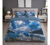 Sapphire Blue Duvet Cover - Double 200 x 200 - Soft Lightweight, Machine Washable, Fluffy, Non Iron, Versatile - Photorealistic Frozen Lake Floral Clean Bedding - Duvet Cover Sets For Bedroom