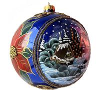 Sapphire Navy Blue Christmas Ornament Polish Blown Glass Ball Hand Painted Large Bauble 6 inch Ø/150mm Midnight Poinsettia