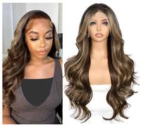 Sapphirewigs 13x4 Ombre Brown Lace Front Wig Synthetic Body Wave Dark Roots Brown Balayage Synthetic Lace Front Wigs Party Date Daily Wear Christmas Natural Looking 26 inch