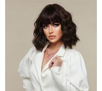 Sapphirewigs Black Wig Synthetic Short Wavy Bob Wig Fringe Highlights Black Daily Party Date Christmas Halloween Natural Looking Hair 12 inch