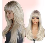 Sapphirewigs Blonde Wig Synthetic Straight Wig Bangs Light Blonde Layered Wigs Daily Party Date Christmas Halloween Natural Looking Hair 22 inch