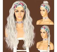Sapphirewigs Body Wave Headband Wig Platinum Grey Synthetic Long Wavy Wigs for Women Glueless Hair Natural Looking 150% Density 26 inch