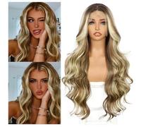 Sapphirewigs Highlight Blonde Lace Front Wig Synthetic 13x4 Body Wave Ombre Blonde Balayage Synthetic Lace Front Wigs Party Date Daily Wear Christmas Natural Looking 26 inch