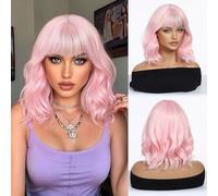 Sapphirewigs Pink Wig Synthetic Short Wavy Bob Wig Fringe Pink Daily Party Date Christmas Halloween Natural Looking Hair 12 inch