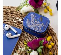 Sara Miller Anniversary Earphone Case, Blue with Gold Foil Botanical Design, Protective Zippered Pouch with Carabiner Clip