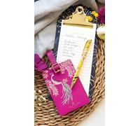 Sara Miller Anniversary Luggage Tag, Peacock Design, Pink with Gold Foil Detail