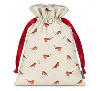 Sara Miller Christmas Robin Drawstring Gift Bag - Reusable Festive Fabric Present Sack with Red Satin Ribbon Ties