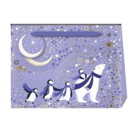 Sara Miller London Christmas Gift Bag, Polar Bear and Penguin Celestial Design with Gold Stars, Purple Ribbon Handles and Matching Gift Tag