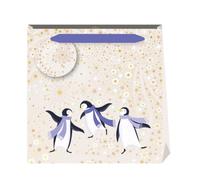 Sara Miller London Christmas Penguin Gift Bag, Cream Celestial Star Design with Gold Details, Purple Ribbon Handles and Matching Gift Tag