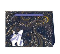 Sara Miller London Christmas Polar Bear and Penguin Gift Bag, Navy Celestial Design with Stars, Moons and Purple Ribbon Handles
