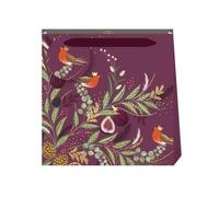 Sara Miller London Small Christmas Robin Gift Bag, Burgundy Botanical Design with Birds, Figs, Berries, Pinecones and Gold-Toned Details