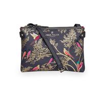 Sara Miller Women's Crossbody, Dual Compartment Purse with Zipper Closure, Adjustable Straps for Cross Body or Shoulder Bag, Smoky Blue Birds