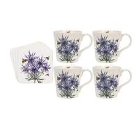 Sarah Boddy Bee-Tanical Thistle Mug & Coaster Set of 4 - Fine China Printed Stylish Ceramic Tea & Coffee Cups with Matching Coasters - Perfect for Home, Kitchen, Men’s & Women’s Gift Ideas
