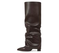 SaraIris Women's Slouchy Knee High Boots Black Pointed Toe Fold Over Chunky Shark Boots, 2 chocolate polyurethane, 6.5 UK