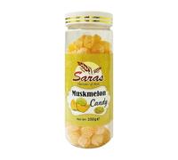 Saras Candy Musk Melon 200g - Indian Hard-Boiled Fruit Candy - Sweet Muskmelon Flavour - Vegetarian - Resealable Jar - Made in India