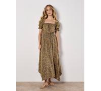 Sarasa Floral Milkmaid Midi Dress Apricot Khaki 10